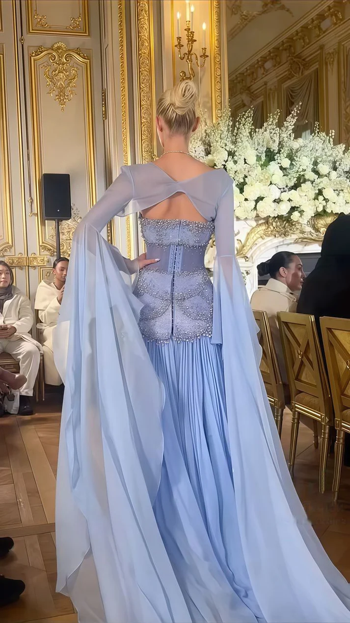 Sexy A Line Off The Shoulder Maxi Long Party Light Blue Chiffon Prom Dress