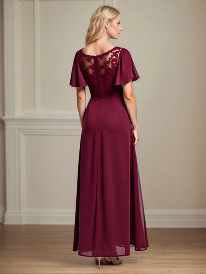 A Line Scoop Neck Short Sleeve Chiffon Mother of the Bride Dress