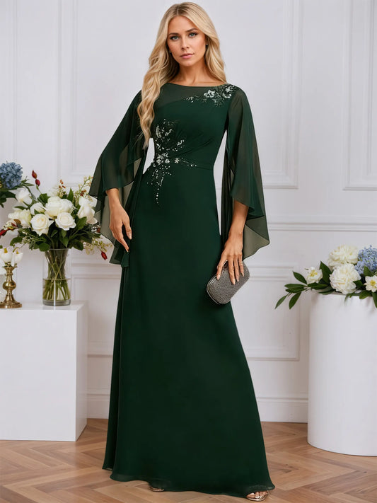 A-line Boat Neck Illusion Floor-Length Chiffon Evening Dress