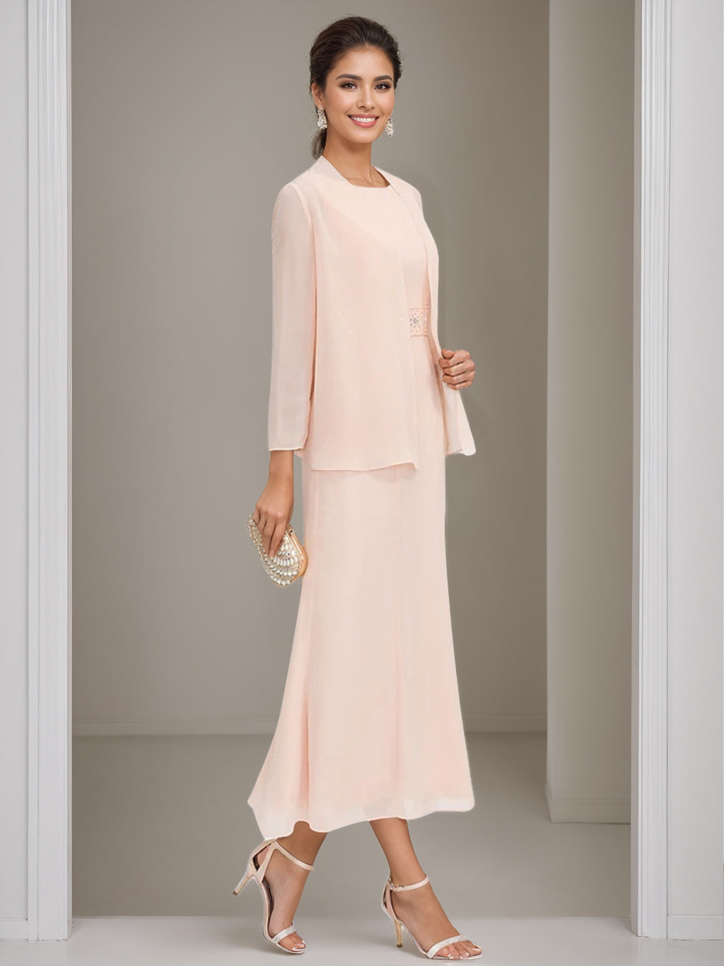 Column Jewel Neck Tea Length Mother of the Bride Dress