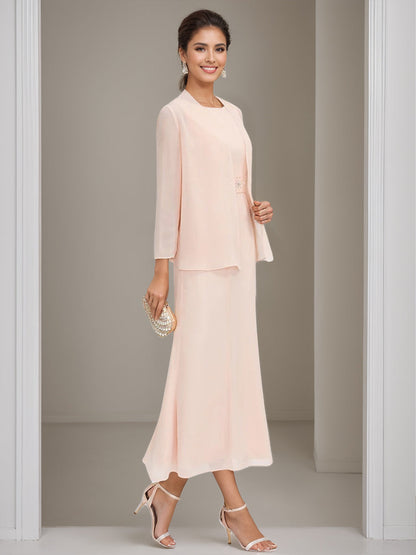 Column Jewel Neck Tea Length Mother of the Bride Dress