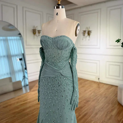 Turquoise Strapless Beaded Mermaid Evening Gown with Matching Gloves