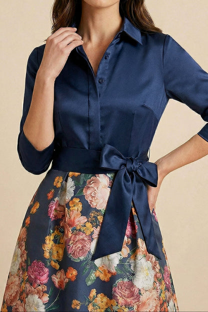 A-Line Collared 3/4-Sleeves Print-Satin Formal Cocktail Dress