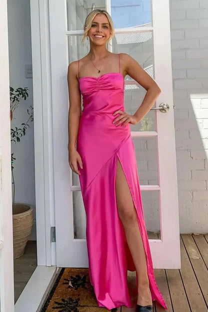 Simple Sheath Spaghetti Straps Pink Long Party Dress with Split Front