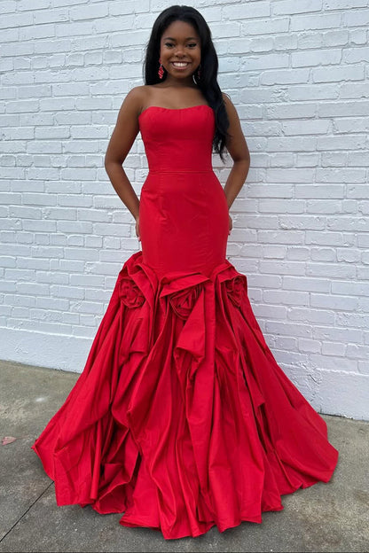 Cute Mermaid Sweetheart Red Satin Long Prom Dress