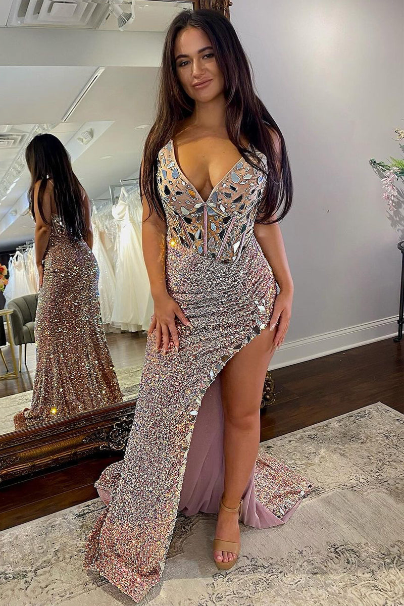 Black Sequins V Neck Mermaid Prom Dresses with Slit