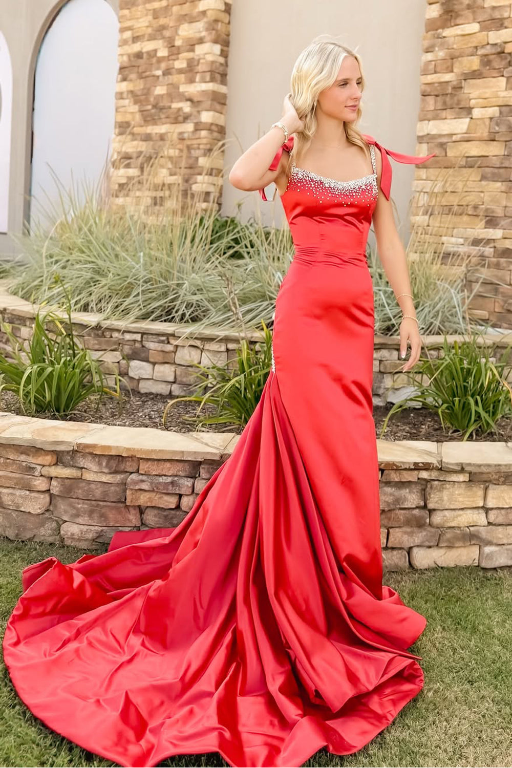 Gorgeous Mermaid Square Neck Red Satin Prom Dress with Beading