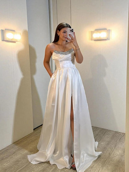 Shiny Satin Beaded Corset Formal Evening Gown