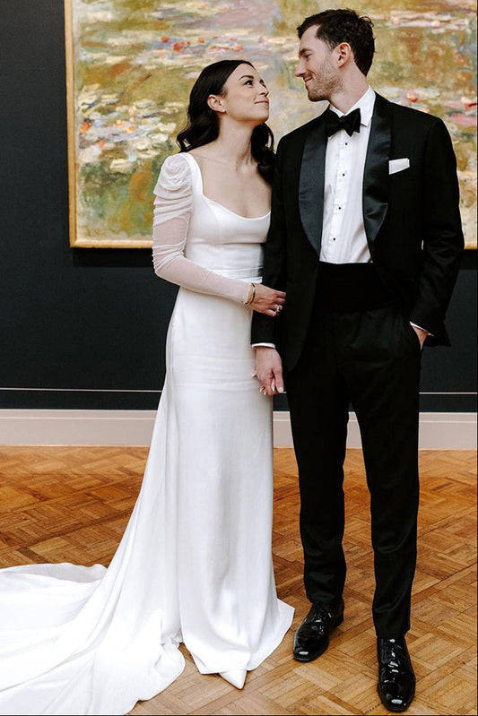 Charming Mermaid Square Neck Long Sleeves White Satin Wedding Dress