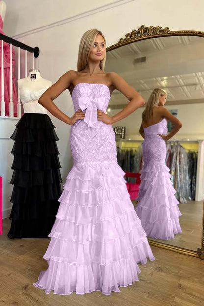 Stunning Strapless Prom Dress Mermaid Ruffles Beading with Bow