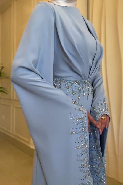 Hot Drilling Irregular Sleeve Pleated Party Maxi Dresses-Blue