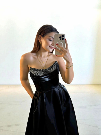 Shiny Satin Beaded Corset Formal Evening Gown
