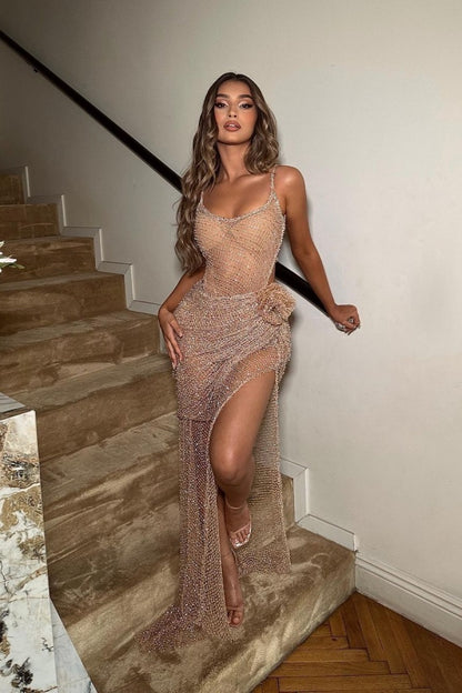 Sexy Prom Dress Simple Sequins Spaghetti Strap Long Split
