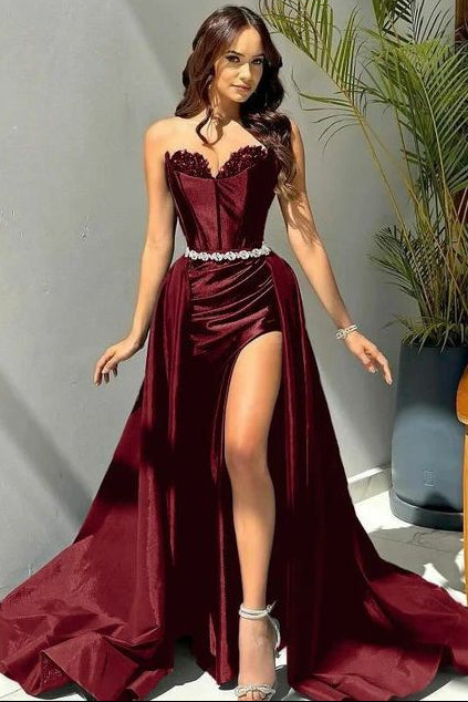 Sweetheart Burgundy Satin Long Evening Maxi Dress Prom Dress