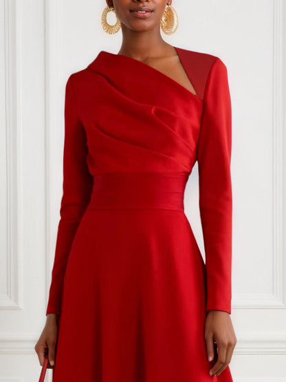 Red Classic Asymmetrical Long Sleeve A-Line Midi Dress