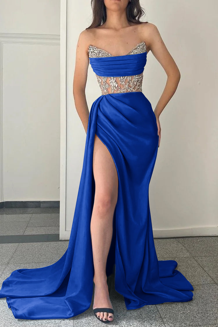 Modern Strapless Mermaid Prom Dress Split With Beading