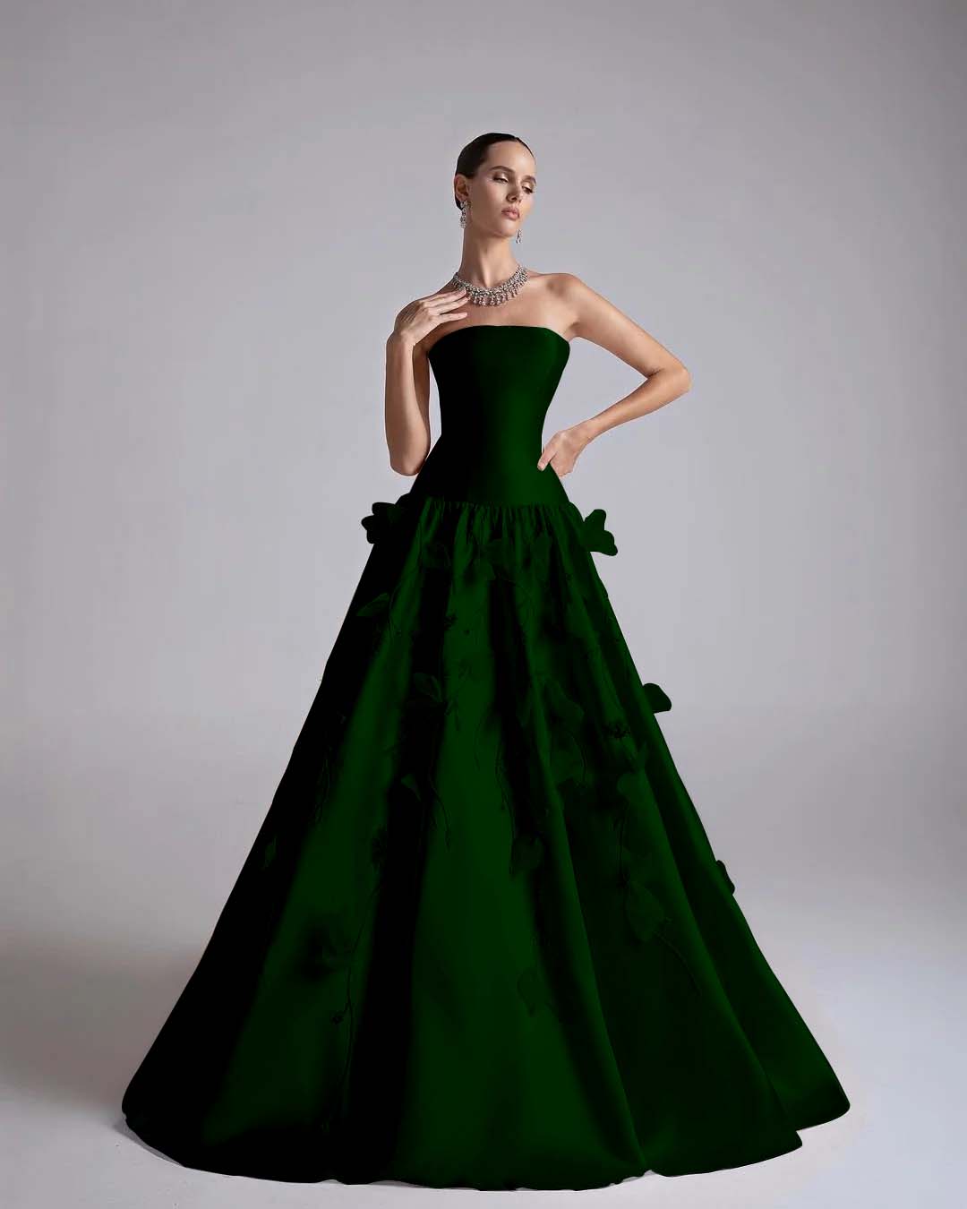 Strapless Sleeveless Long A-Line Prom Dress With Flower Appliqués And Beadings