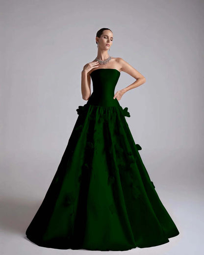 Strapless Sleeveless Long A-Line Prom Dress With Flower Appliqués And Beadings