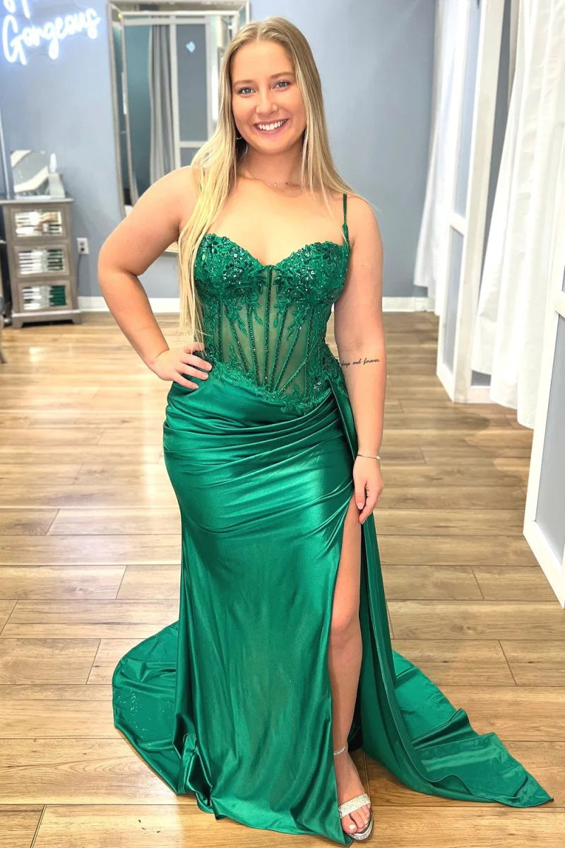 Split Spaghetti Straps Appliqued Mermaid Prom Dress