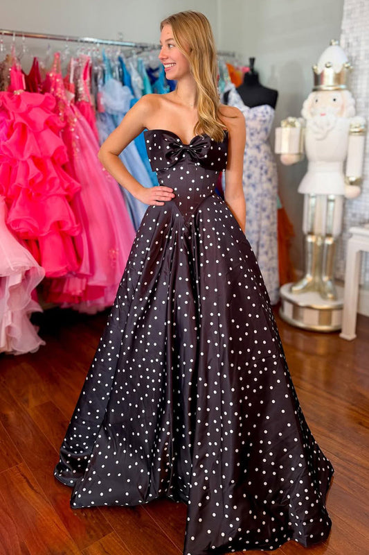 Gorgeous A Line Sweetheart Floral Black White Dot Long Prom Dress