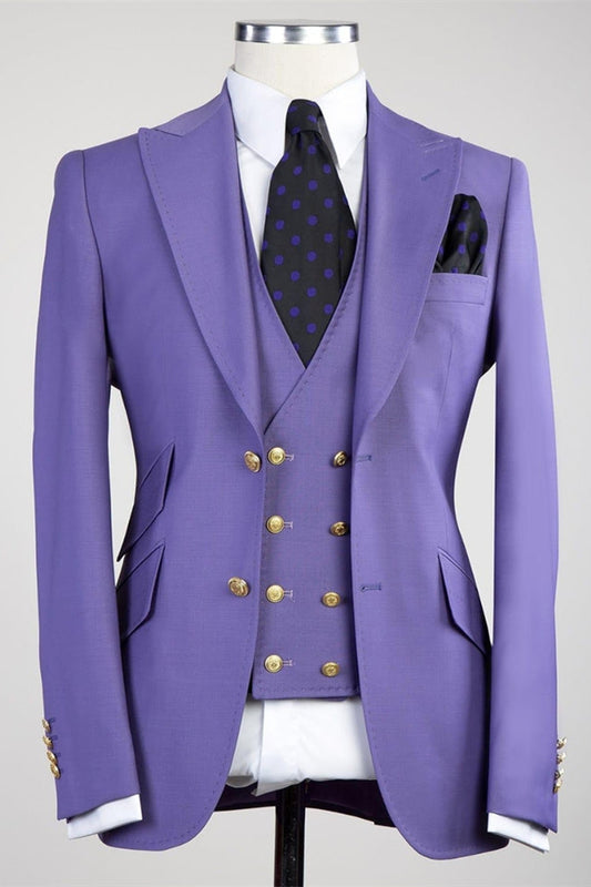 Clifford Chic Purple Peaked Lapel Three Pieces Best Fitted Men Suits