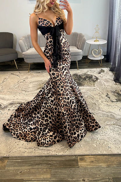 Sexy Mermaid V Neck Brown Leopard Long Prom Dress