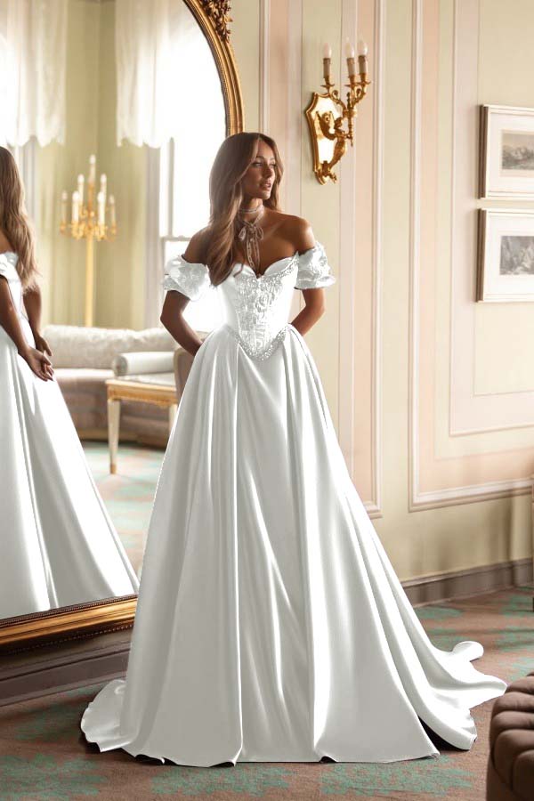 Short Sleeves Long A-Line Prom Dress With Embroidered And Pleated