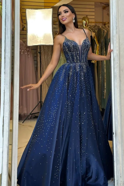 Navy Blue Spaghetti-Straps Beaded Long Prom Dress