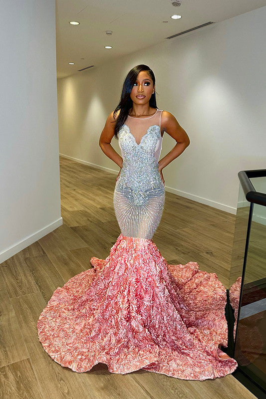 Crew Neck Sequins Sleeveless Flower Mermaid Princess Prom Dress