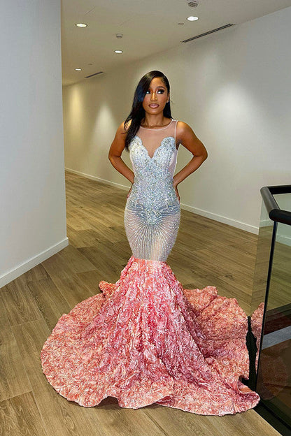 Crew Neck Sequins Sleeveless Flower Mermaid Princess Prom Dress