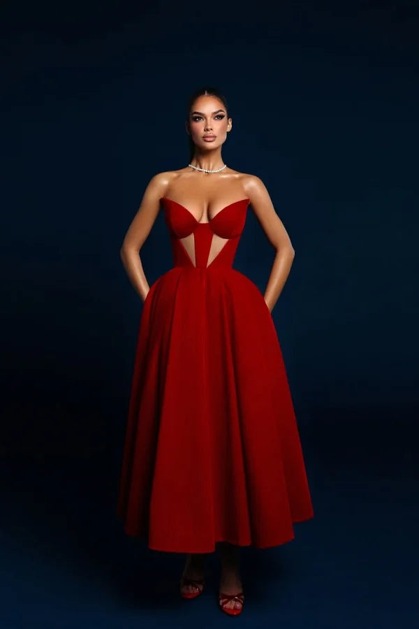 Red Ankle Length Strapless Formal Prom Dress ZT0663