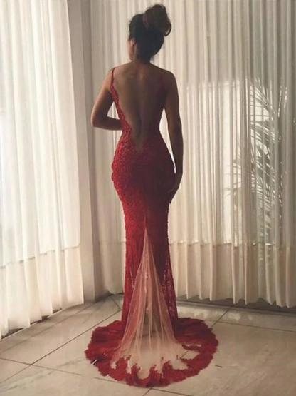 Red V-Neck Mermaid Long Train Prom Dress