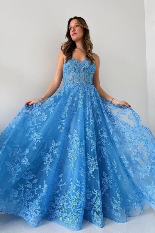 Blue Spaghetti Straps Tulle Appliques Long Prom Dress