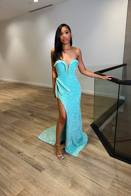 Exquisited Blue Sequins Sweetheart Sleeveless Mermaid Prom Dress with Split