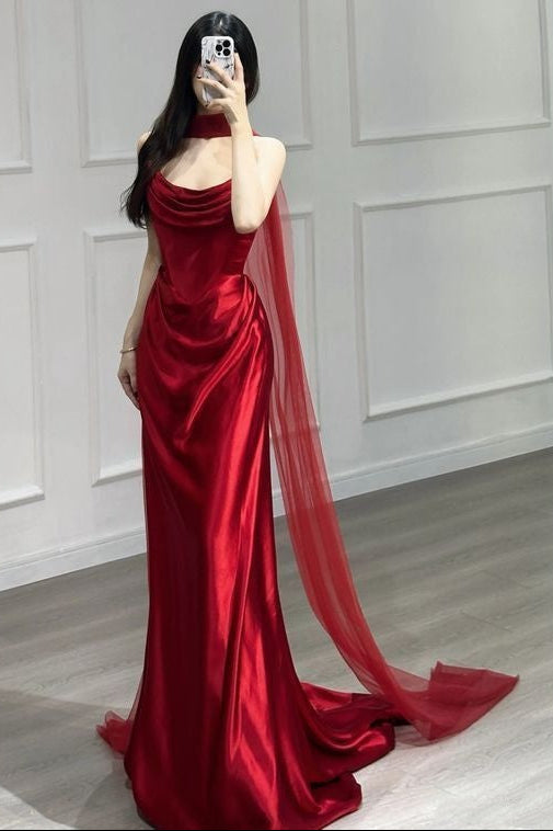 Burgundy Strapless Prom Dresses With Scarf