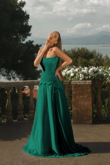 Chiffon Strapless Sleeveless Long A-Line Prom Dress With Beadings And Pearls