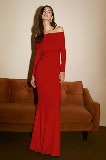 Strapless Long Sleeves Long Pleated Mermaid Prom Dress