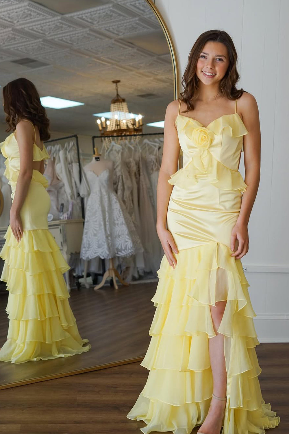 Mermaid Spaghetti Straps Yellow Ruffle Chiffon Long Prom Dresses with Slit