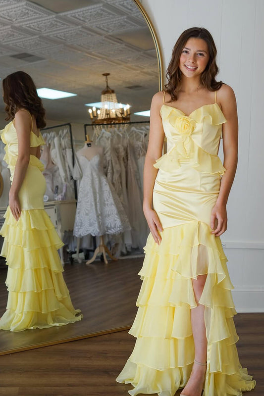 Mermaid Spaghetti Straps Yellow Ruffle Chiffon Long Prom Dresses with Slit