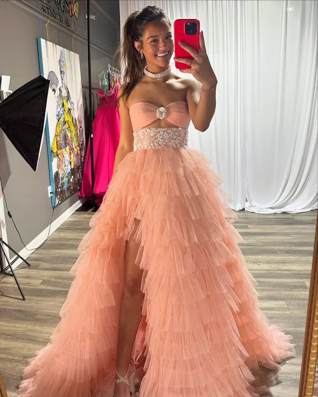 Pearl Pink Lovely Tulle Strapless Bow-knot Prom Dress