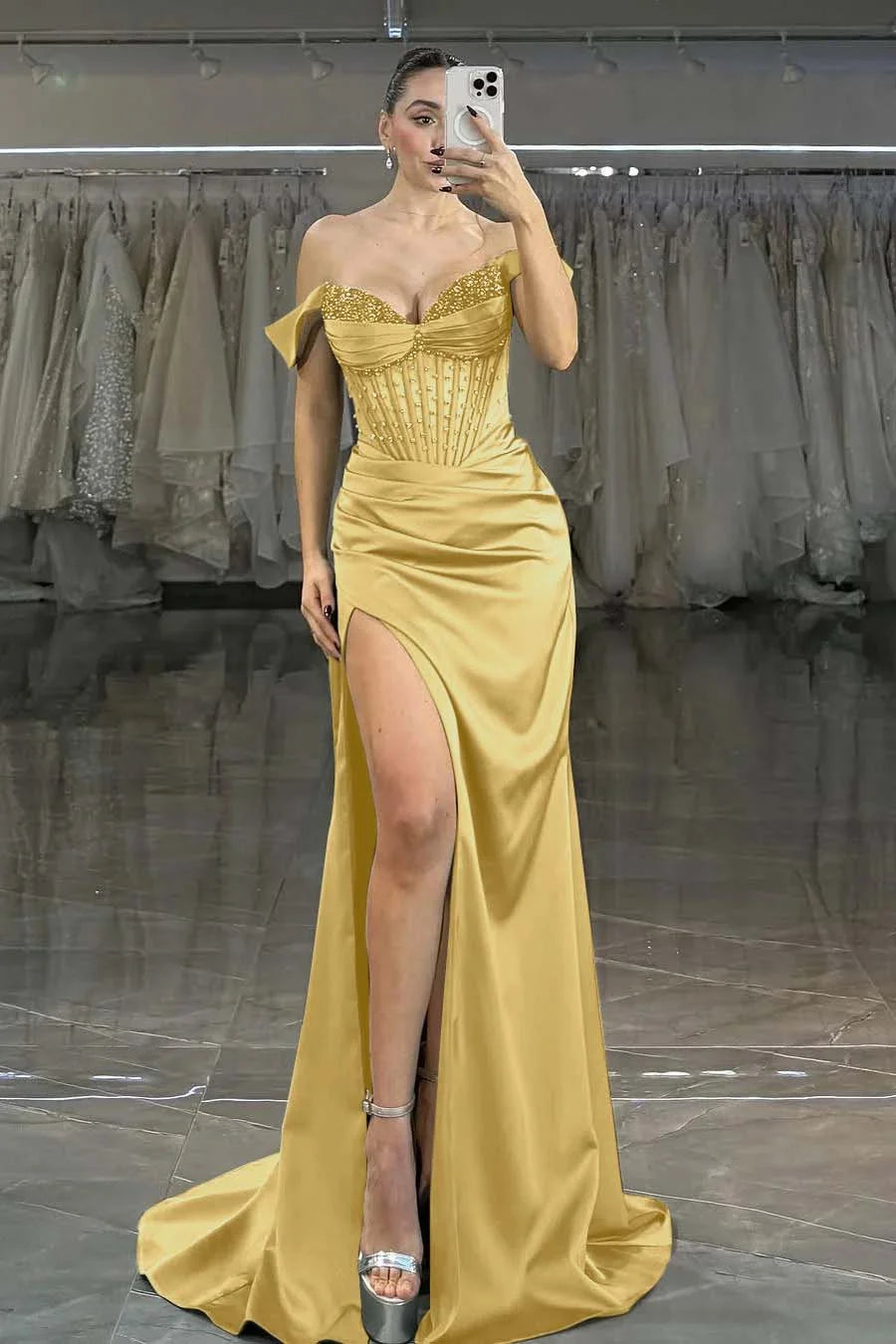 Green Off-The-Shoulder Beaded Split Evening Dress ZT0382