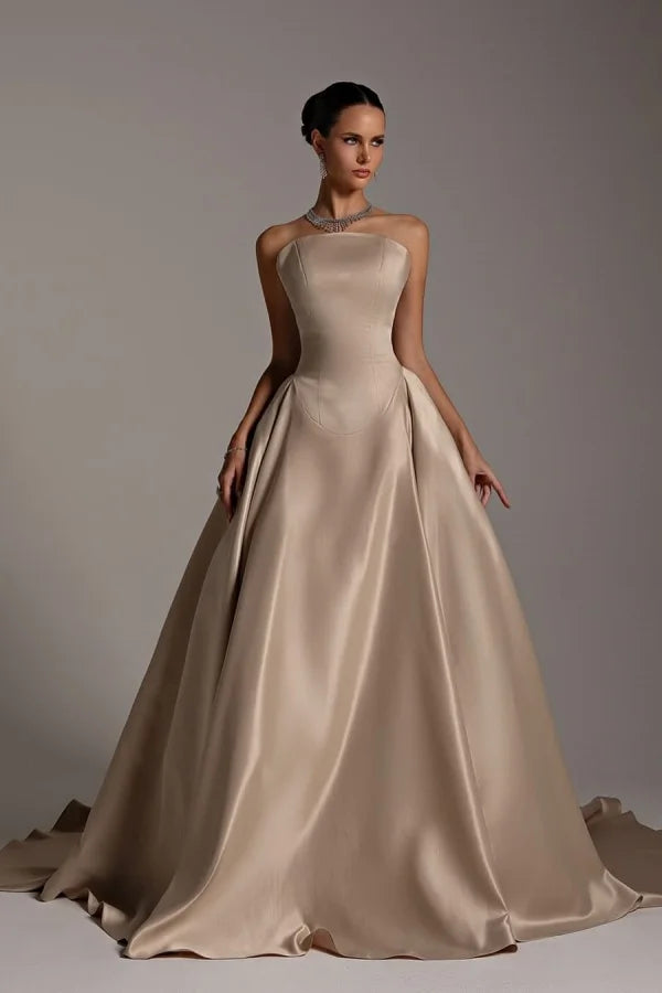 Champagne Strapless A-Line Elegant Prom Dress