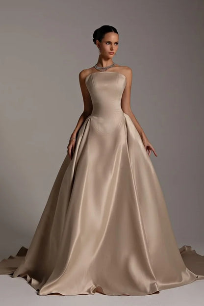 Champagne Strapless A-Line Elegant Prom Dress