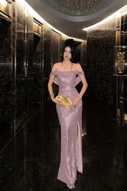 Champagne Solid Sequins Split Prom Dress