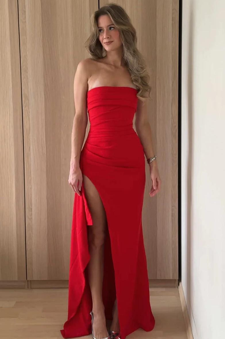 Simple Strapless Pleats Red Satin High Slit Sleeveless Long Prom Dress