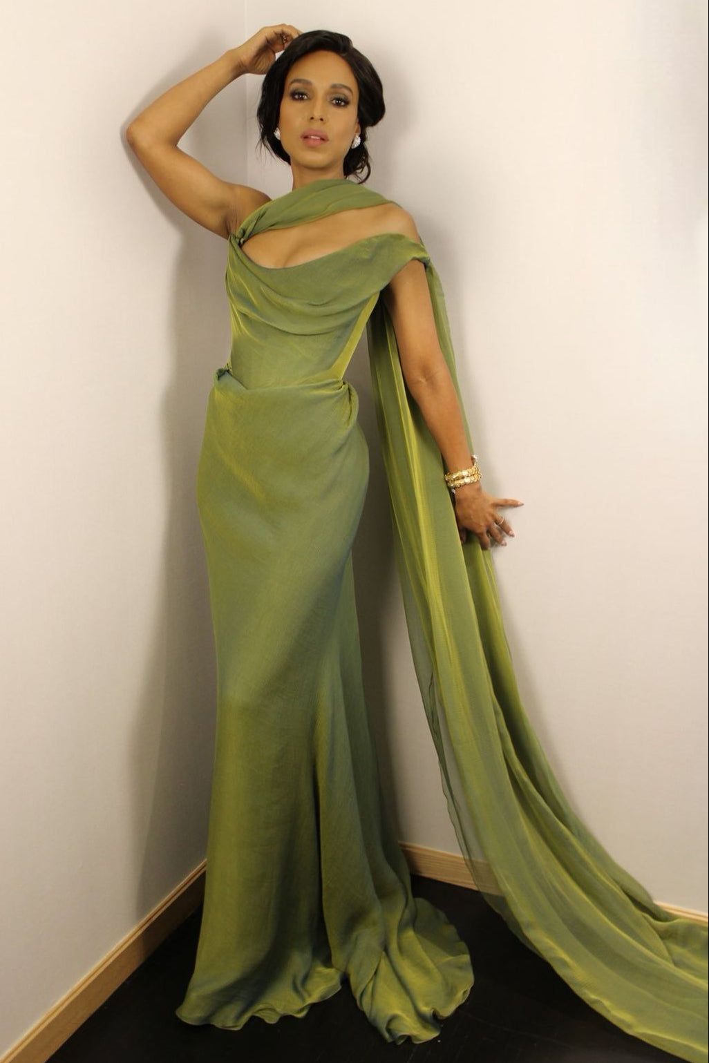One Shoulder With Pleated Ruched Green Prom Dress