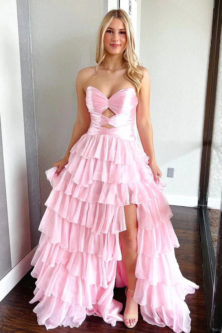 Charming A-Line Sweetheart Fuchsia Ruffle Tiered Long Prom Dress