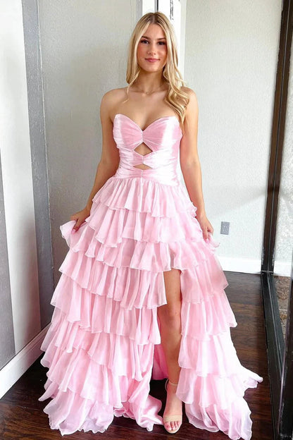 Charming A-Line Sweetheart Fuchsia Ruffle Tiered Long Prom Dress