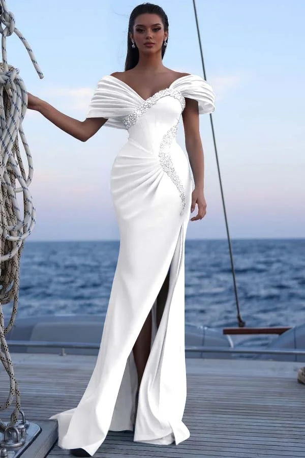 Chic Light Blue Off-The-Shoulder Beaded Split Prom Dress