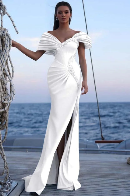 Chic Light Blue Off-The-Shoulder Beaded Split Prom Dress